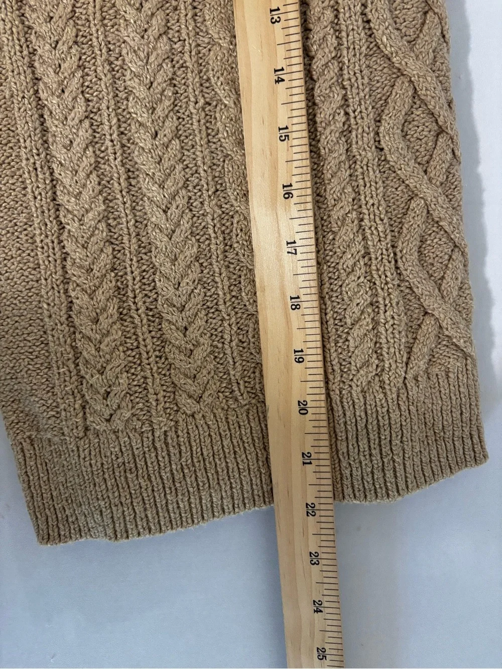 J.Crew Cable Knit Rolled Neck Sweater Large Tan Cotton Blend Fisherman Knit
